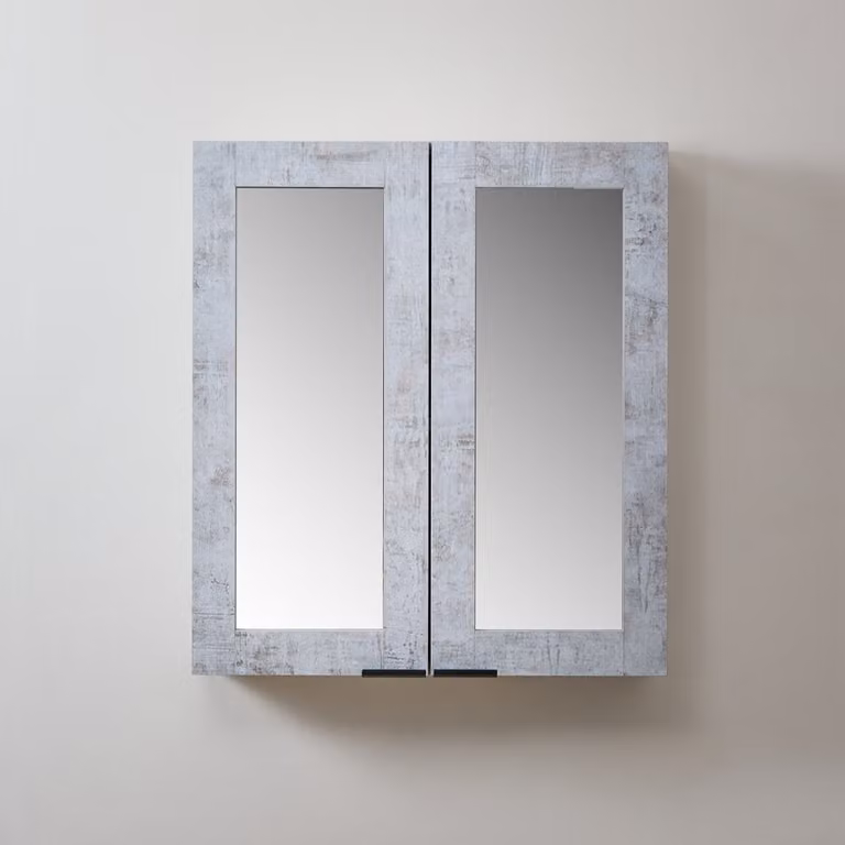 Mobiletto a Specchio da 900mm x 650mm Grigio Cemento - Completo di Maniglie con Impugnature a Dito Nere - Cluo
