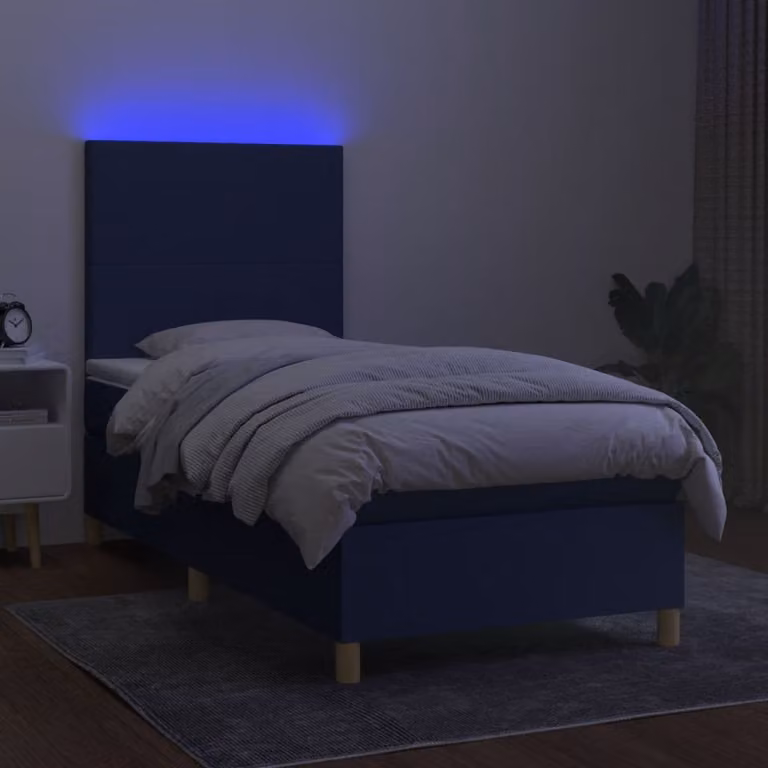 The Living Store Letto a molle con materasso e LED Blu 90x190 cm in tessuto