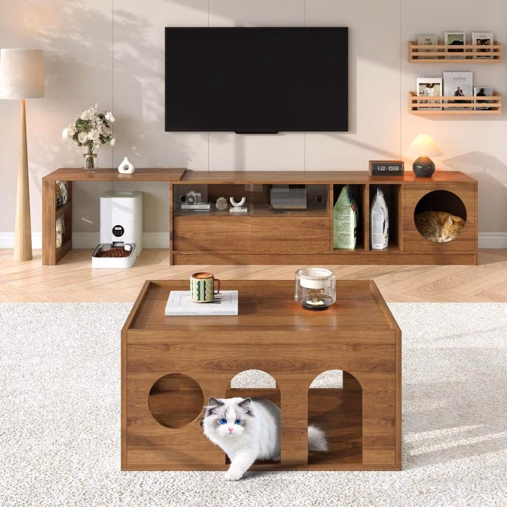 Set di mobili TV e tavolino da caffè con mobile porta TV girevole, finitura noce e dettagli in metallo