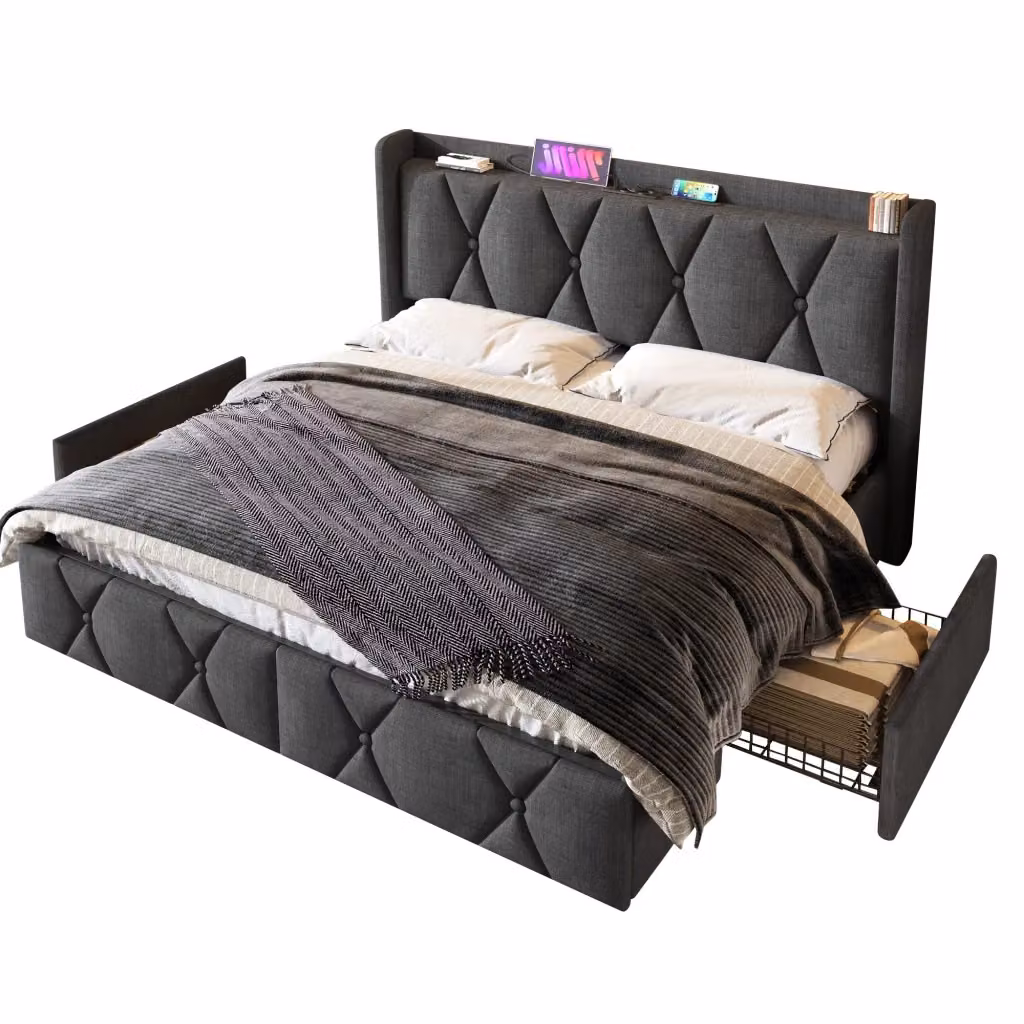 Letto Matrimoniale Moderno con Cassetti, Luci di Lettura Integrate e Porte USB, Rivestimento in Tessuto Grigio, L/P/H: 140 x 200 x 116 cm – 2