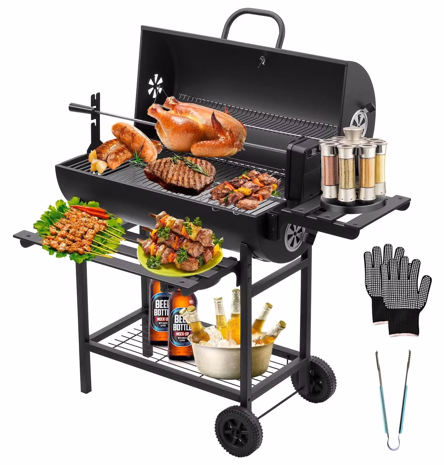 Barbecue a carbonella - Barbecue con coperchio - 70 x 35 cm - Acciaio inossidabile - Nero - Per giardino, terrazza e balcone