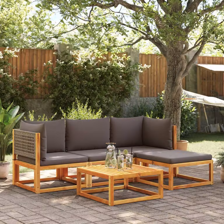 vidaXL Set di divani da giardino a L composto da 5 pezzi con tavolino, pouf e cuscini in legno di acacia e rattan, colori marrone e grigio