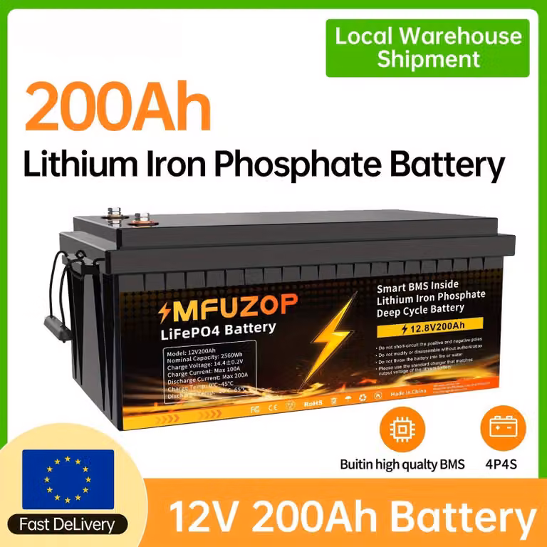 Batteria al litio - Batteria LiFePO4 - Batteria per camper - Batteria per energia solare - 12V 200Ah - Protezione BMS da 200A