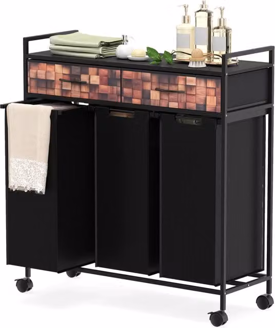 Carrello per lavanderia a 3 sezioni con 2 cassetti in tessuto Oxford e ruote, Cesta portabiancheria da 135 l, Nero
