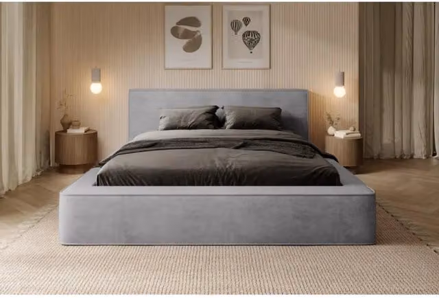 Letto contenitore VELORA Meublorama in velluto grigio, L/P/H: 160 x 200 x 86 cm con rete sollevabile