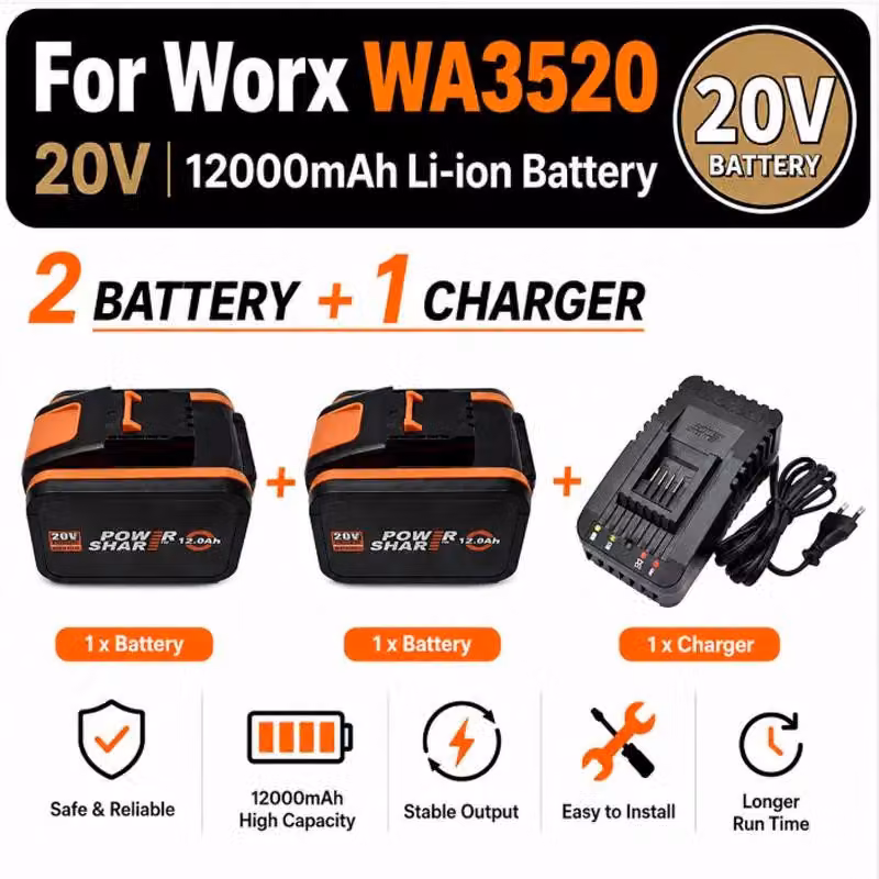 Batterie agli ioni di litio da 12,0 Ah, compatibili con i modelli Worx, caricabatterie 15C-12.0AhX2