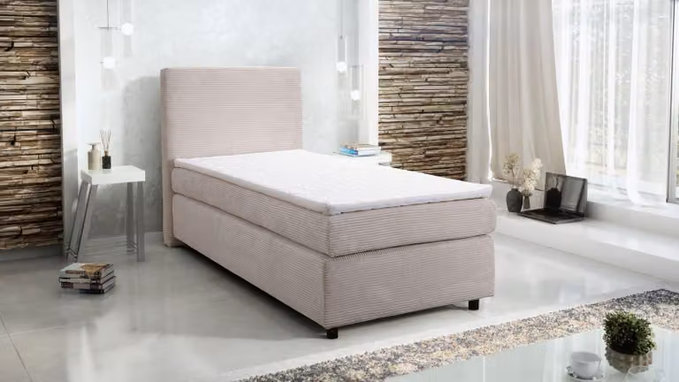 Letto con rete a molle Bonell, dimensioni 90x200, ideale per hotel, con topper imbottito in tessuto Corduroy color beige