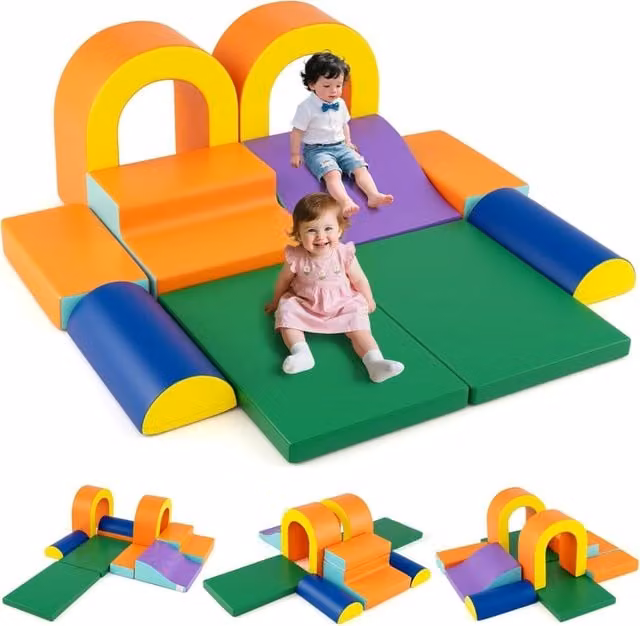 Set di 10 blocchi da arrampicata in schiuma Costway per palestra da gioco in pelle sintetica, arancione e multicolore