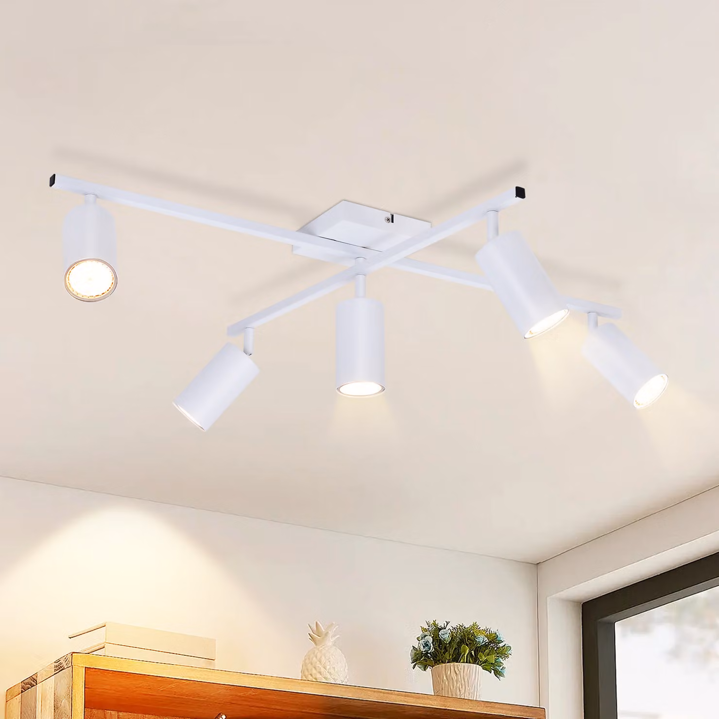 ZMH plafoniera faretto da soffitto bianco GU10: faretto da soffitto 5 fiamme faretto da soffitto moderno soggiorno 330° orientabile cucina lampada faretto industriale per sala da pranzo ufficio - senza lampadine