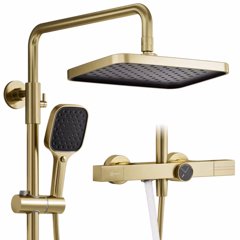 Colonna doccia termostatica, finitura oro spazzolato, ottone, dimensioni 283x193 mm
