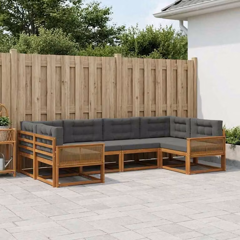 Set di divani da esterno vidaXL a forma di L composto da 6 pezzi in legno di acacia con cuscini inclusi, colore naturale e antracite