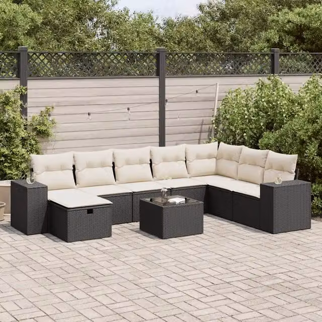 Set Divani da Giardino 9 pz con Cuscini Nero in Polyrattan 3325742