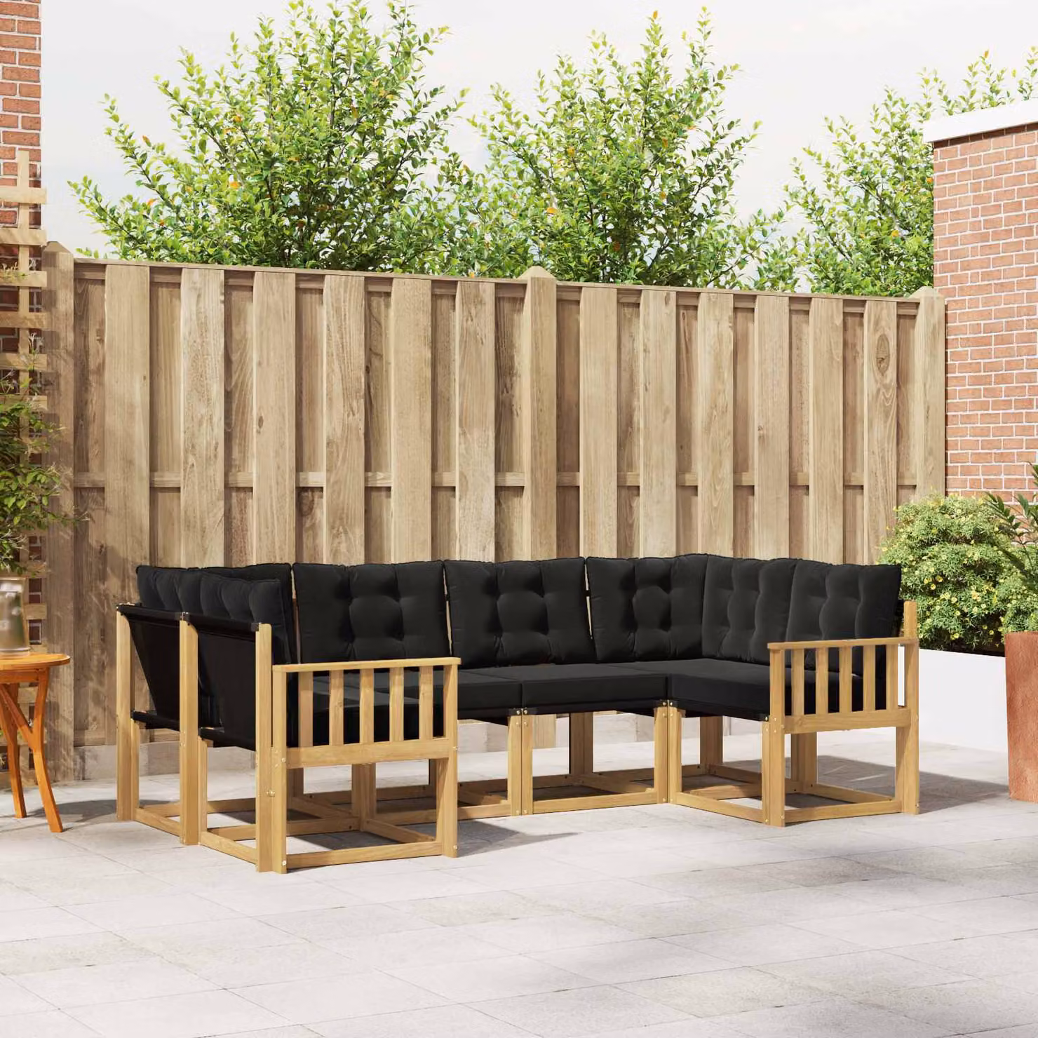Set di divani da esterno vidaXL a forma di L composto da 6 pezzi in legno di acacia con cuscini in tessuto textilene bianco, nero e marrone