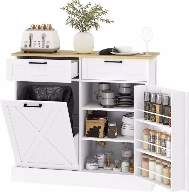 Credenza cucina con cestino 38L ¨C Xylo ¨C 2 cassetti, ripiano spezie, bianco