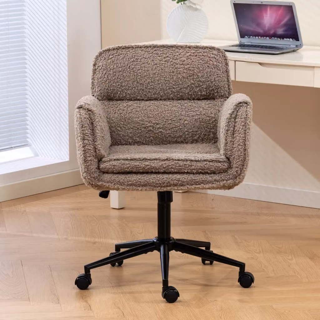 Sedia da ufficio girevole OKWISH in tessuto bouclé marrone con braccioli e base in metallo per casa e ufficio – 2