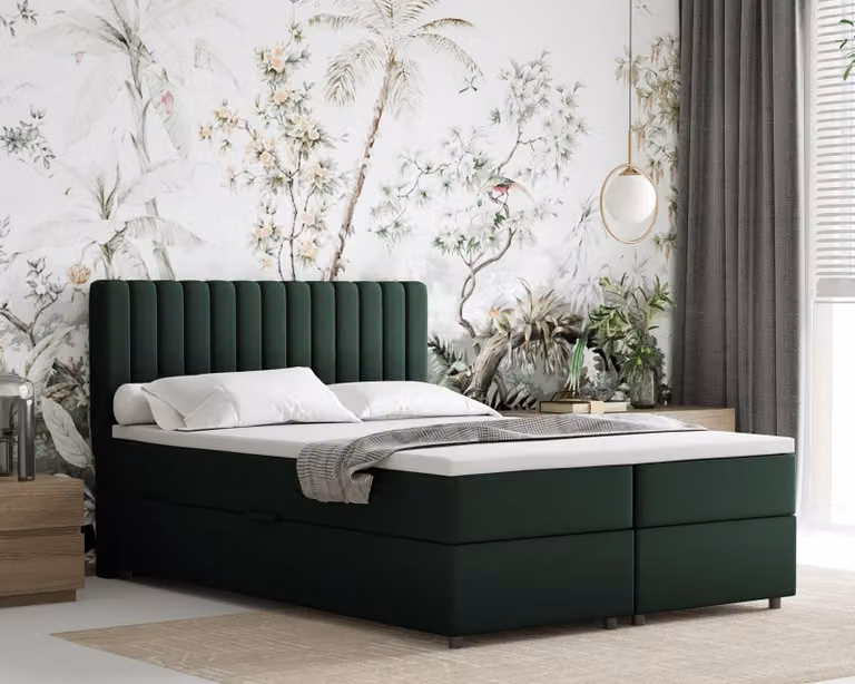 Letto boxspring 140x200 EVEREST, con topper, con cassetti, letto matrimoniale, verde scuro