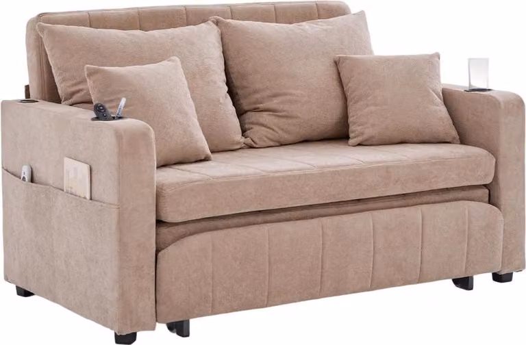 AIORBER Divano letto multifunzionale pieghevole divano estraibile divano a 2 posti in tessuto portaoggetti USB portabicchieri estraibile lavabile - Beige/Khaki/Grigio/Nero