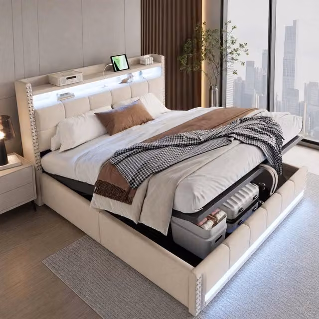 Letto matrimoniale imbottito 180x200 cm con LED; USB e contenitore idraulico