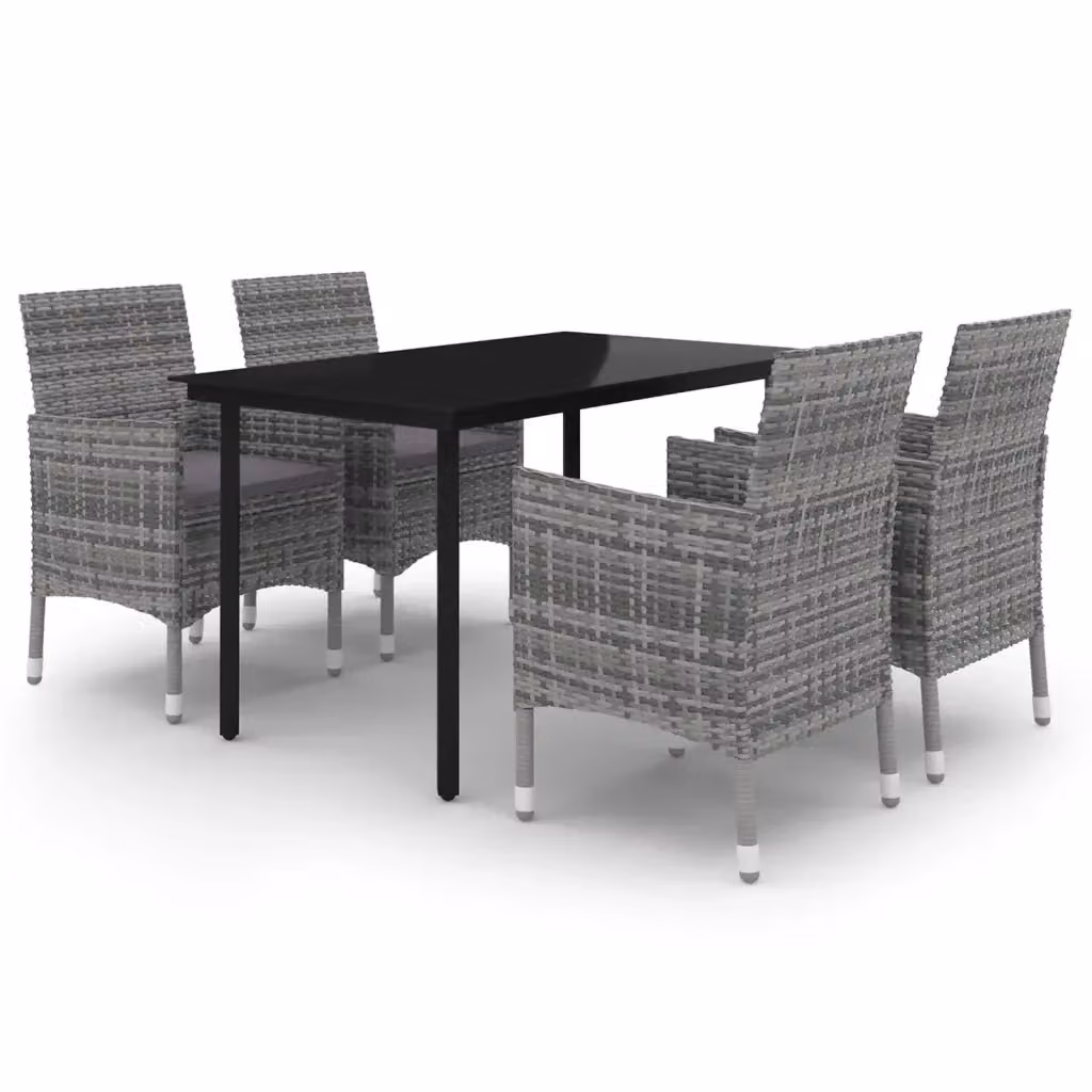 Set da pranzo da giardino vidaXL in polyrattan con tavolo in vetro e 5 sedie con cuscini, grigio e nero – 2