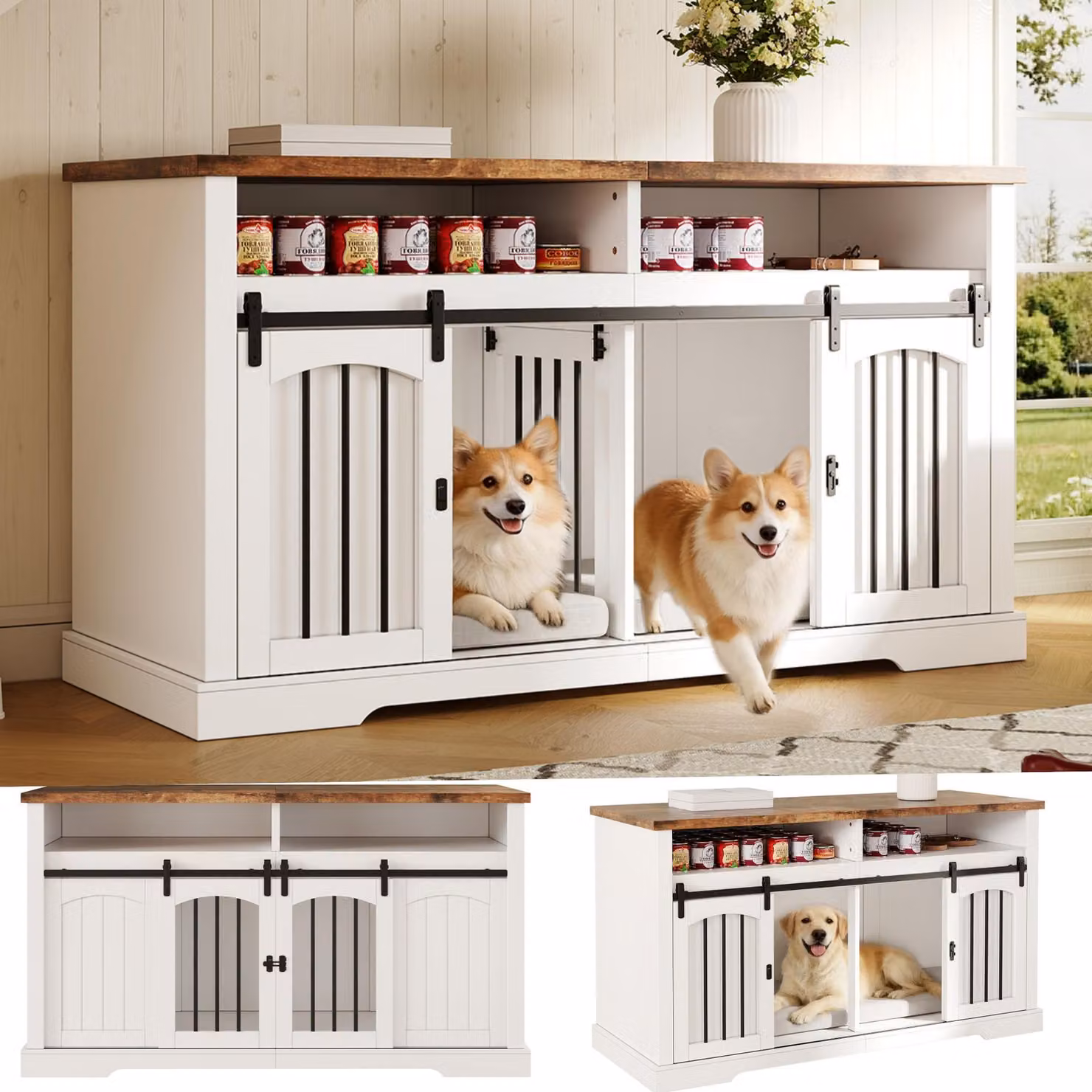 Comodino laterale Flieks con ante scorrevoli, mobiletto per animali domestici, cuccia per cani con pareti divisorie removibili, 153x60x85 cm, bianco
