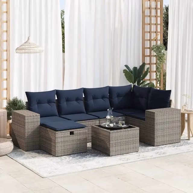 Set Divani da Giardino 7 pz con Cuscini Grigio in Polyrattan 3325697