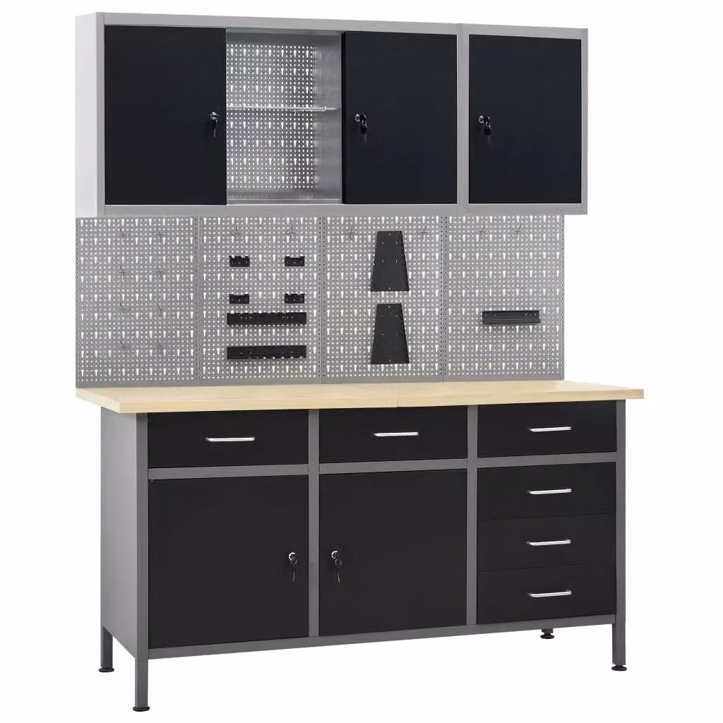 Banco da lavoro HELLOSHOP26 con 4 pannelli forati e 2 armadi, regolabile in altezza, in acciaio e legno, colore nero e grigio, L: 160 cm, P: 50 cm, H: 85 cm – 2