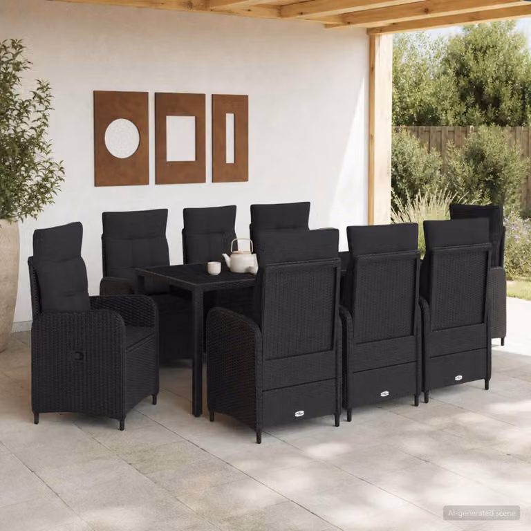 Set da pranzo per esterni vidaXL in polyrattan nero con tavolo in vetro, 9 pezzi