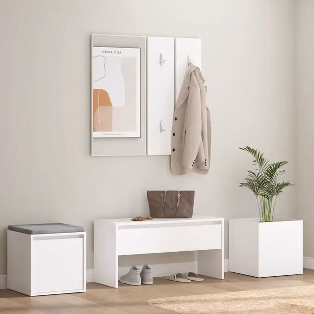 Set di mobili da corridoio vidaXL bianco in legno e plastica con panca, specchio, pannello e scarpiera – 1