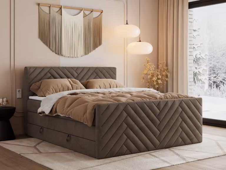 Letto boxspring MKS MEBLE 120x200 con contenitore e materasso H4 - Paris King Duo - Marrone velluto