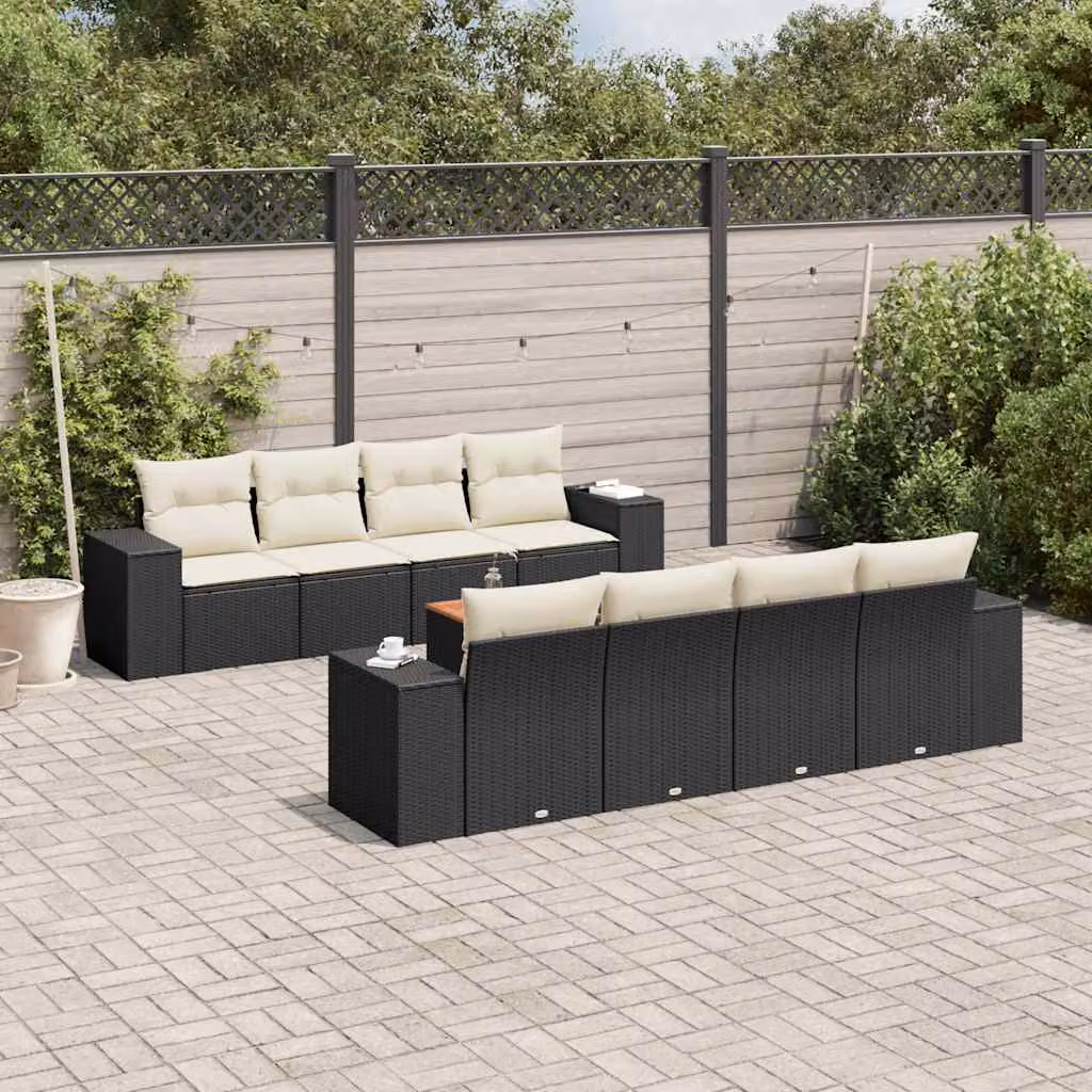 vidaXL Set Divani da Giardino 9 pz in Polyrattan Nero con Cuscini e Tavolino da Esterno – 1