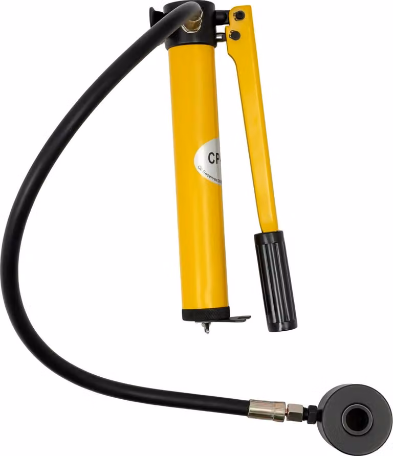 Set punzonatore idraulico - Manuale 8 t - 6 matrici 22-60 mm - Capacità 3 mm acciaio dolce, 1,2 mm acciaio inossidabile - Matrici in acciaio Cr40 - Con valigetta portautensili - Giallo