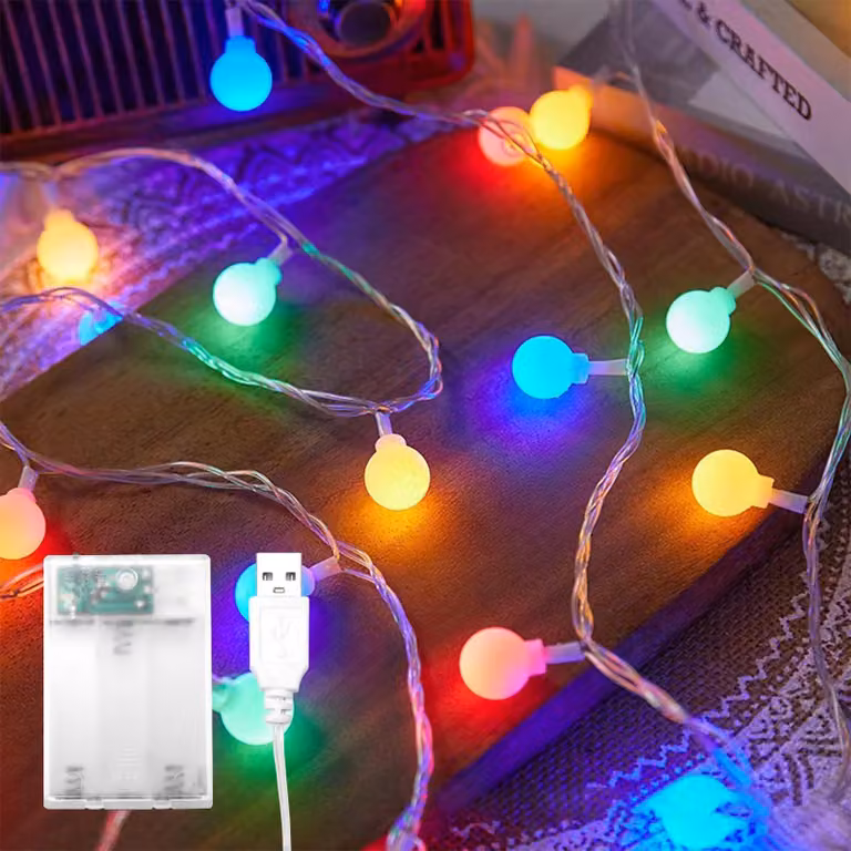 Catena luminosa a LED, 20 sfere colorate, 3 metri, alimentazione a batteria/USB