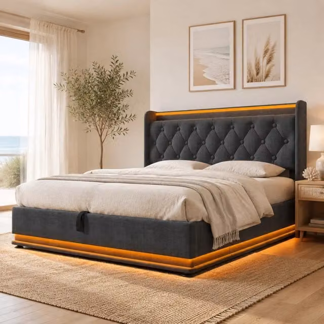 Letto matrimoniale MODFU in tessuto grigio con contenitore idraulico, illuminazione LED sottostante e porte USB, L/P: 140 x 200 cm