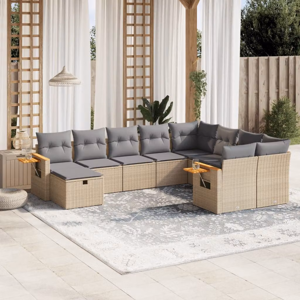 vidaXL Set Divano da Giardino 10 pz in Polyrattan con Cuscini Beige e Tavolino da Esterno – 1