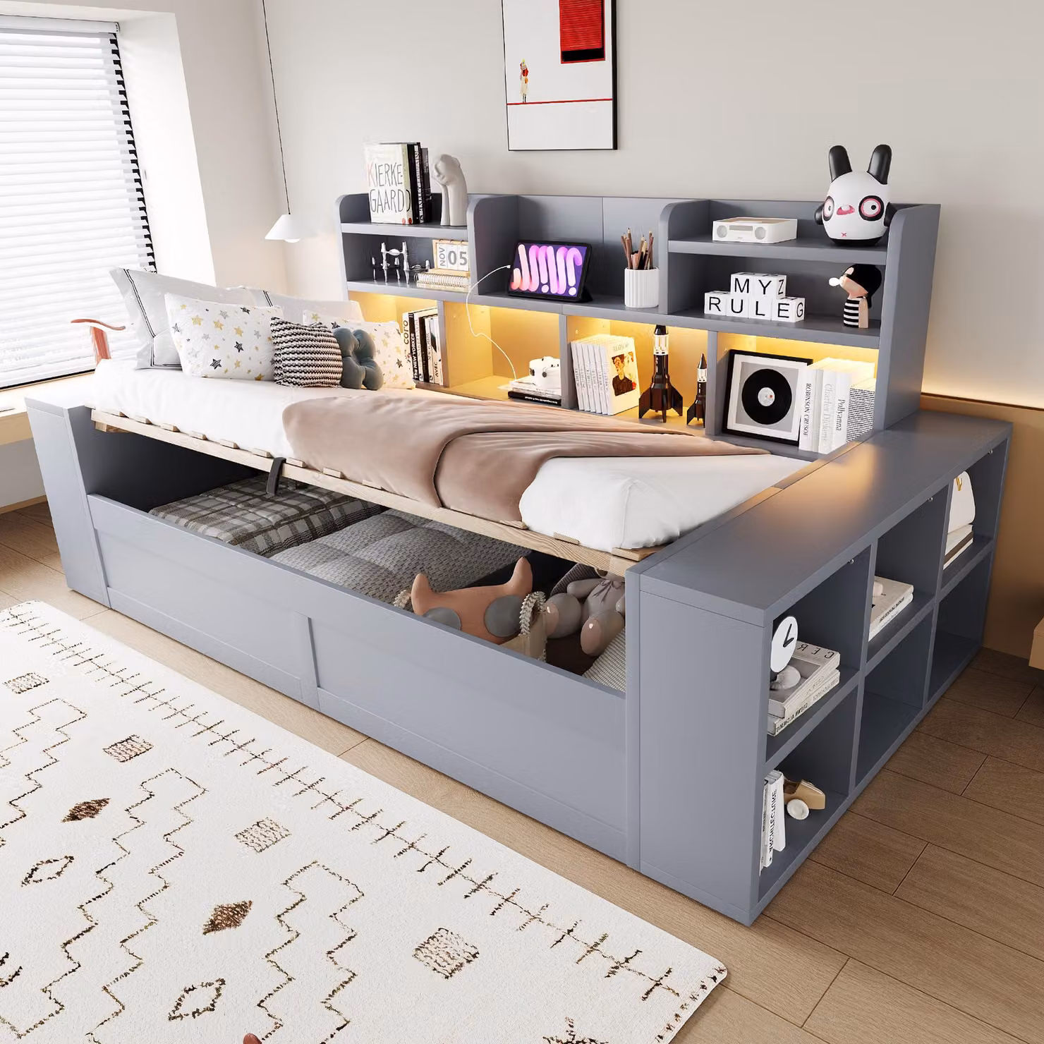 MODFU Divano letto a giorno 90 x 200 con spazio contenitore idraulico, letto per ragazzi multifunzionale con vani contenitori integrati, presa di corrente e LED, senza materasso, colore grigio