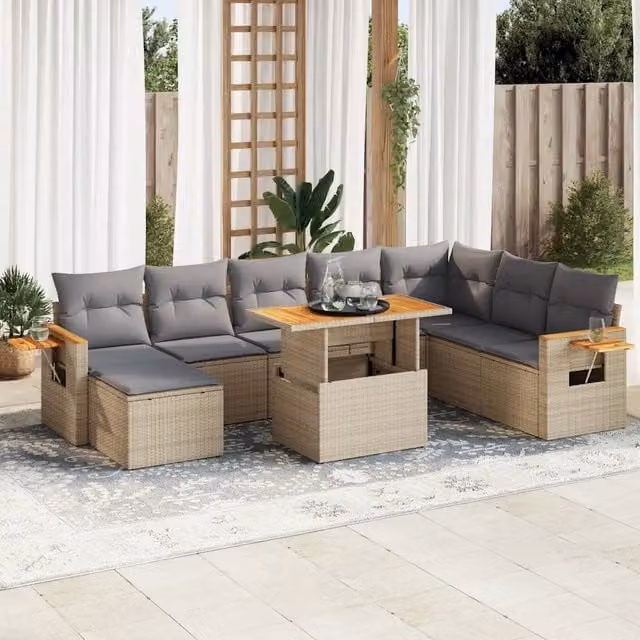 Set Divano da Giardino 9 pz con Cuscini Beige Polyrattan Acacia 3327636