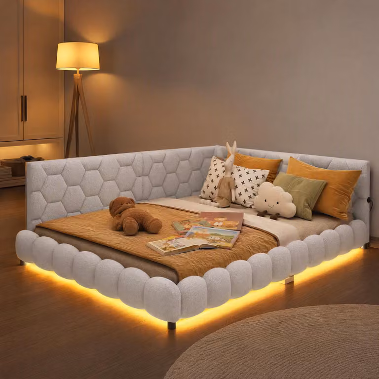 Letto imbottito INONEFT, 140x200 cm, con interfaccia LED e USB, divano letto multifunzione con rete a doghe, letto per bambini, letto matrimoniale per adolescenti, lana di pecora, color beige