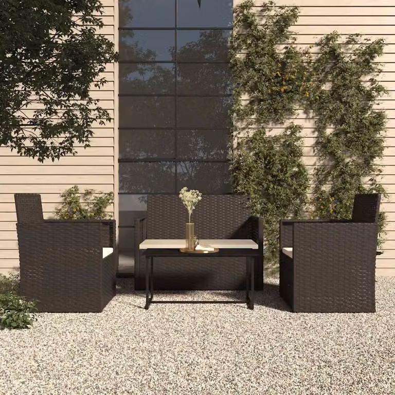 Set Salotto da Esterno vidaXL 4 Pezzi con Cuscini, Divano a 2 Posti, Poltrone e Tavolino, Polyrattan Nero e Bianco con Struttura in Acciaio Verniciato a Polvere