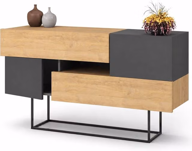 Madia Consolle Moderna 145 cm con 2 Ante 2 Cassetti Quercia e Antracite
