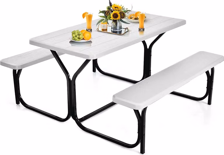 Set tenda da birra COSTWAY, tavolo da picnic e 2 panche con struttura in metallo, set tavolo da campeggio, set tenda per patio, giardino, piscina, 137 x 150 x 72 cm (bianco)