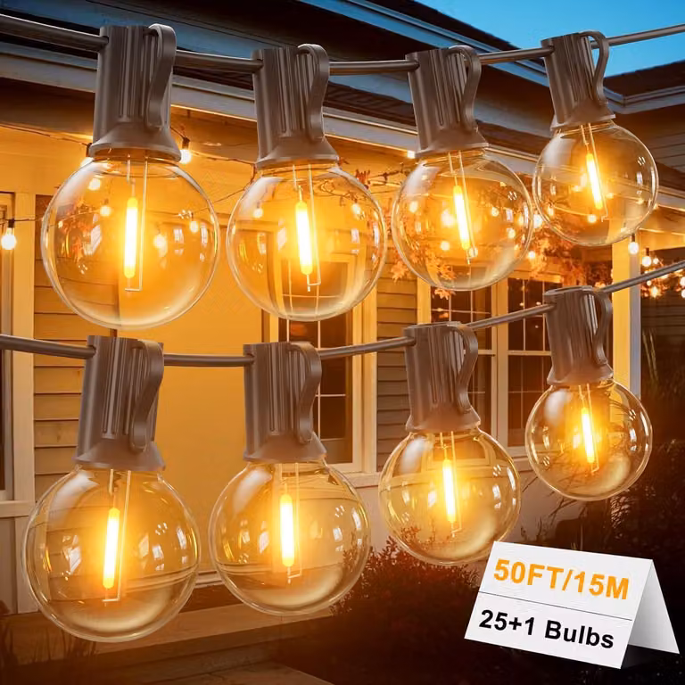 Catena luminosa da 15 metri - 25+2 lampadine G40 - Con spina - Grado di protezione IP45 (resistente all'acqua) - Luce bianco caldo - Ideale per Natale