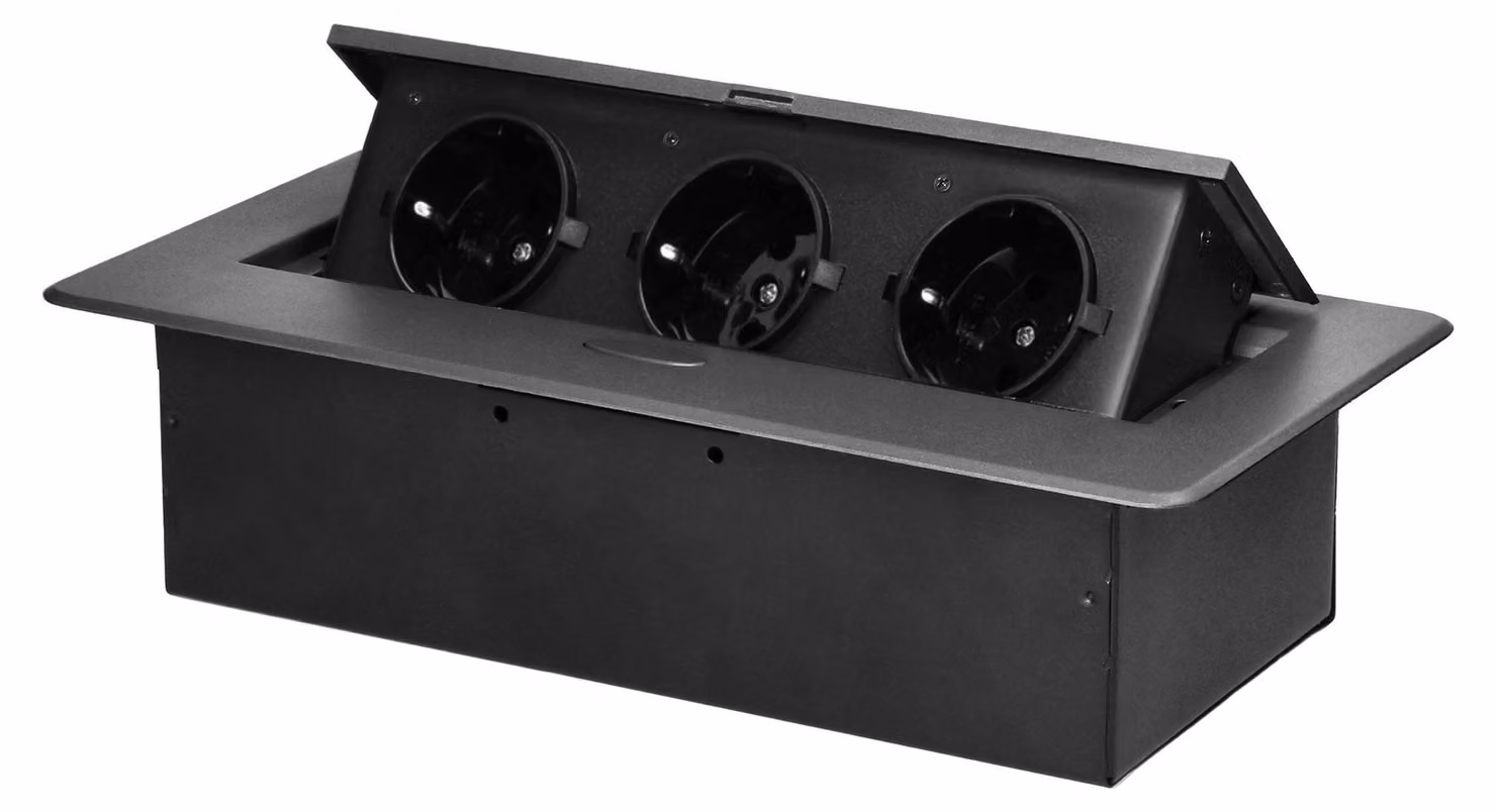 Presa da incasso ORNO OR-GM-9032(GS)/GR, 16A, senza cavo, 3680W, 3 prese Schuko, coperchio ribaltabile, bordo ultra-piatto, IP20, grafite
