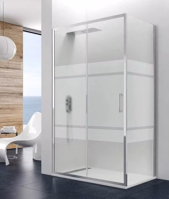 Box doccia angolare PRESTIGE con vetro Frost Plus e finitura cromo lucido, L/P: 140 x 90 cm