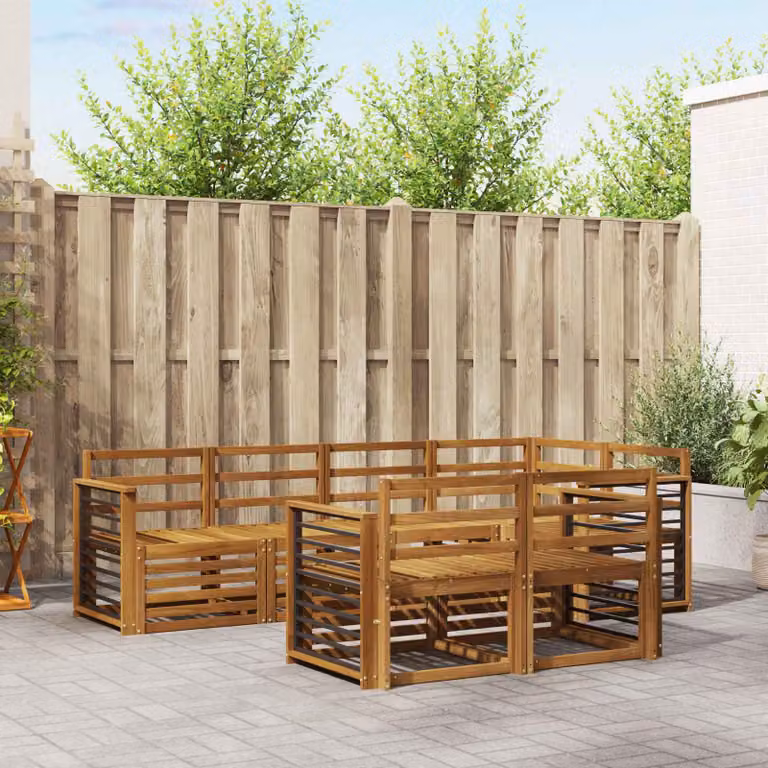 Set di divani da esterno vidaXL 7 pz a forma di L in legno di acacia con cuscini in poliestere resistente ai raggi UV, colore beige, bianco e marrone
