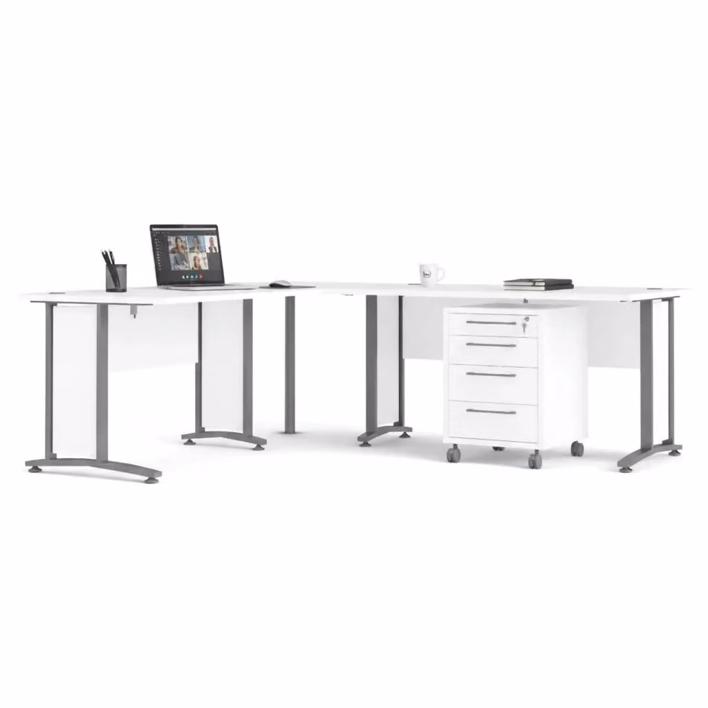 Scrivania Megh DMORA moderna con cassettiera, tavolo da ufficio rettangolare in MDF laminato opaco, L 200 cm x P 230 cm x H 75 cm, Bianco e Grigio – 2