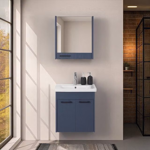 Mobile bagno sospeso Sofia INBAGNO blu effetto legno con armadietto a specchio e ante con chiusura soft-close