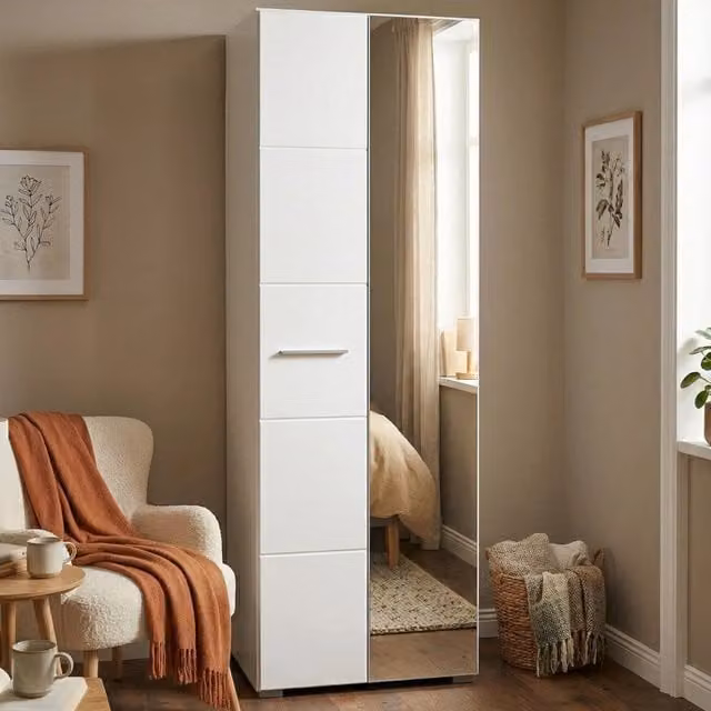 Armadio da camera da letto DMORA con 2 ante, appendiabiti e ripiani interni, Bianco opaco, L: 60 cm, H: 192,5 cm – 1