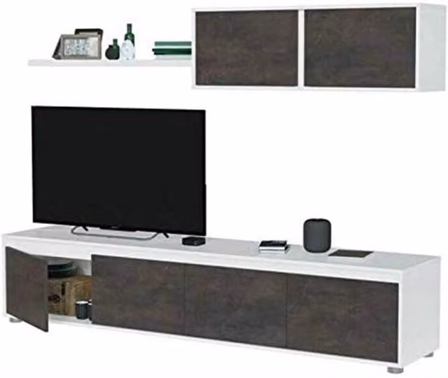 Parete Attrezzata Mobile Soggiorno Tv Con Mensola E Modulo Sospeso Per Salotto Sala Da Pranzo Design Moderno 200 X 41 X 43 Cm Colore Bianco/Ossido