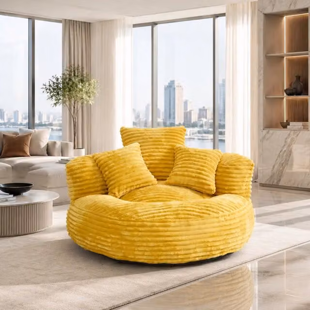 Pouf a sacco Mivray in velluto a coste giallo, ideale per soggiorno e camera da letto, L/P/H: 108 x 76 x 52 cm