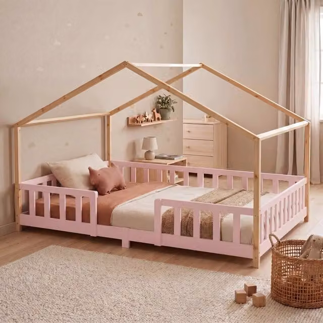 Letto per Cameretta Treviolo a Forma di Casetta in Stile Montessori 140x200 cm Rosa/Naturale [en.casa]